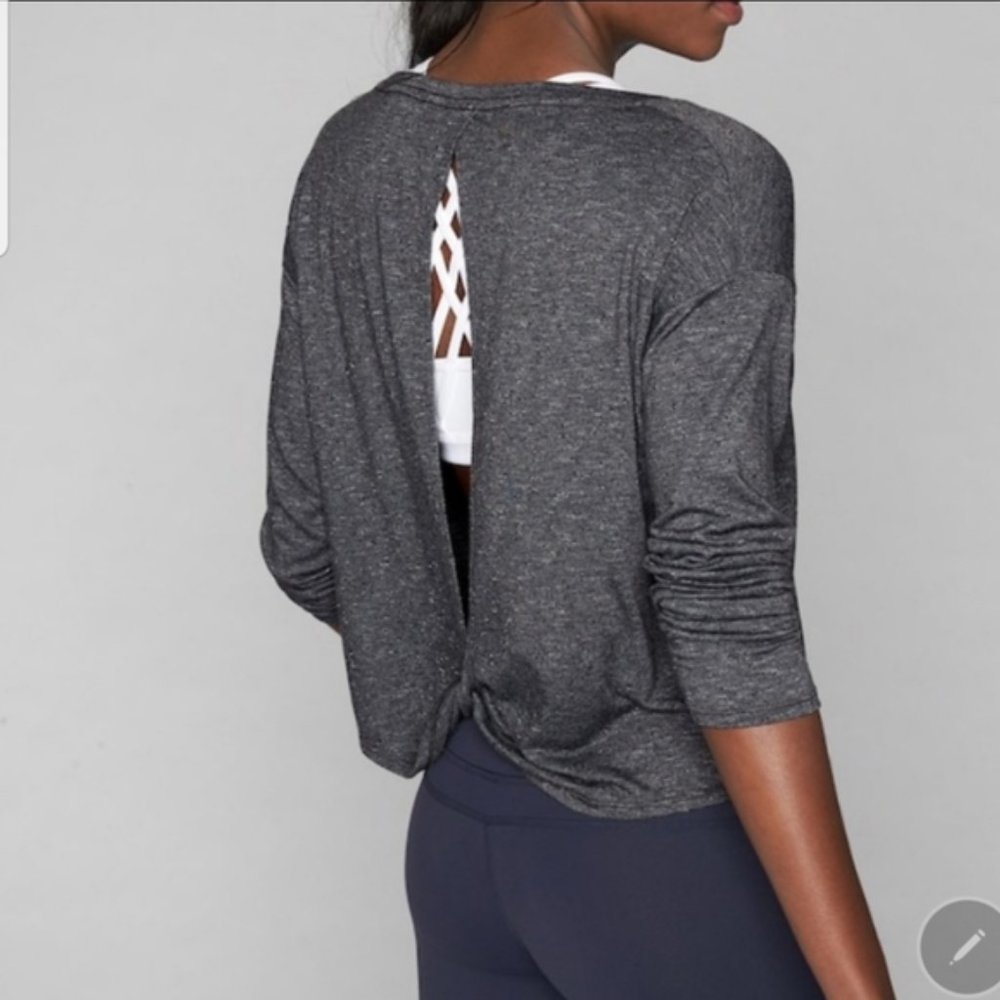 Athleta Heathered Charcoal Open-Back Long Sleeve Top